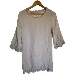 Bellambra Made in Italy Linen Cream Lace Trim Tunic Dress, Size Small